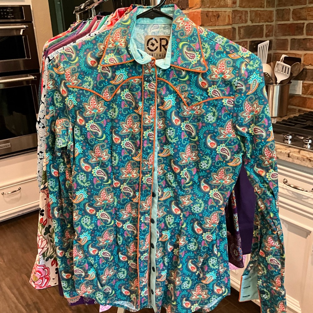 Women's Paisley Button Down Shirt - Teal and Orange